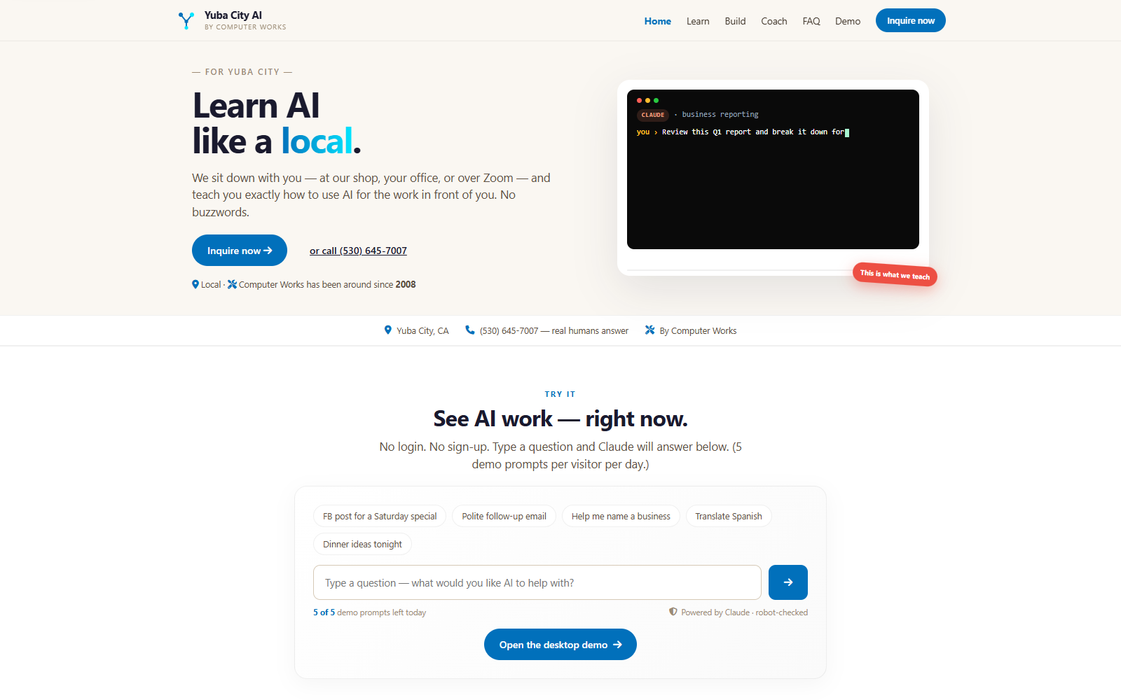 Yuba City AI home page hero with brand message, AI demo entry point, and desktop demo call to action.