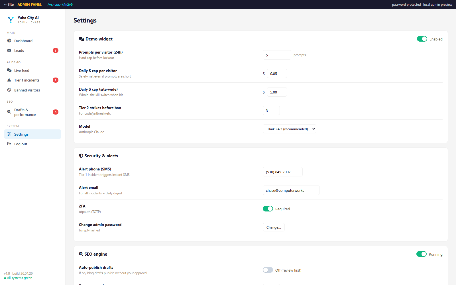 Yuba City AI admin settings for mocked demo limits, safety caps, alerts, and SEO controls.