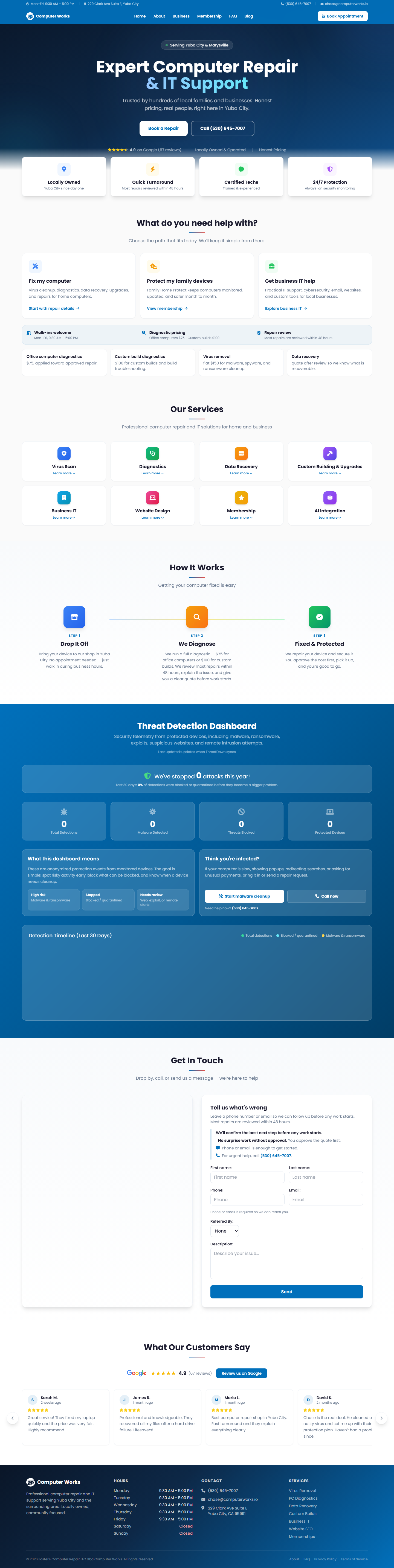 Full Computer Works homepage showing customer service paths and trust sections.