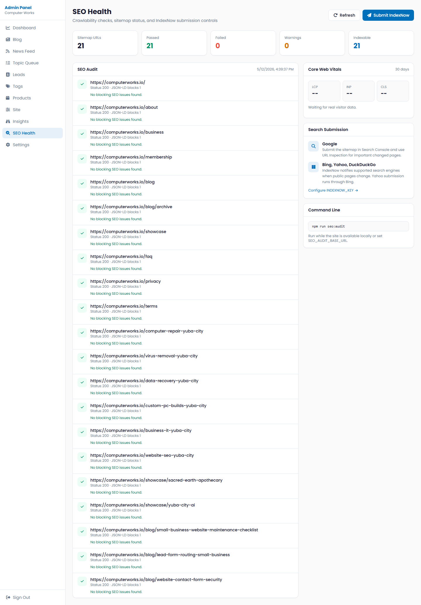 Mocked public-safe SEO health dashboard with fake metadata and schema data.