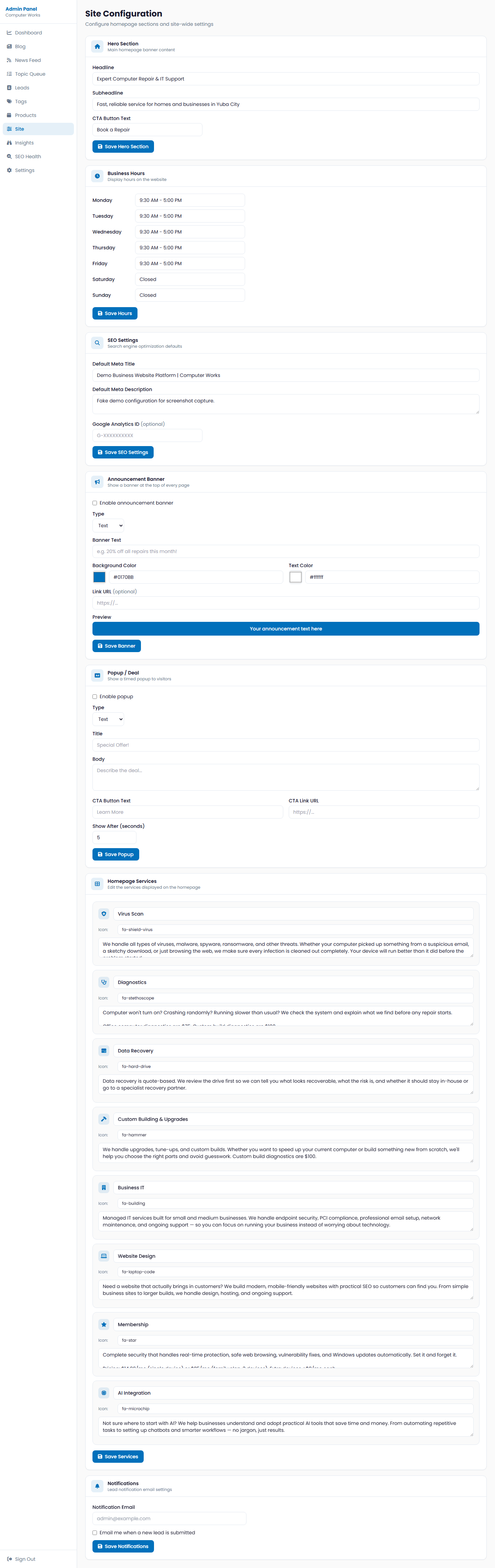 Mocked public-safe site configuration screen with fake website control data.