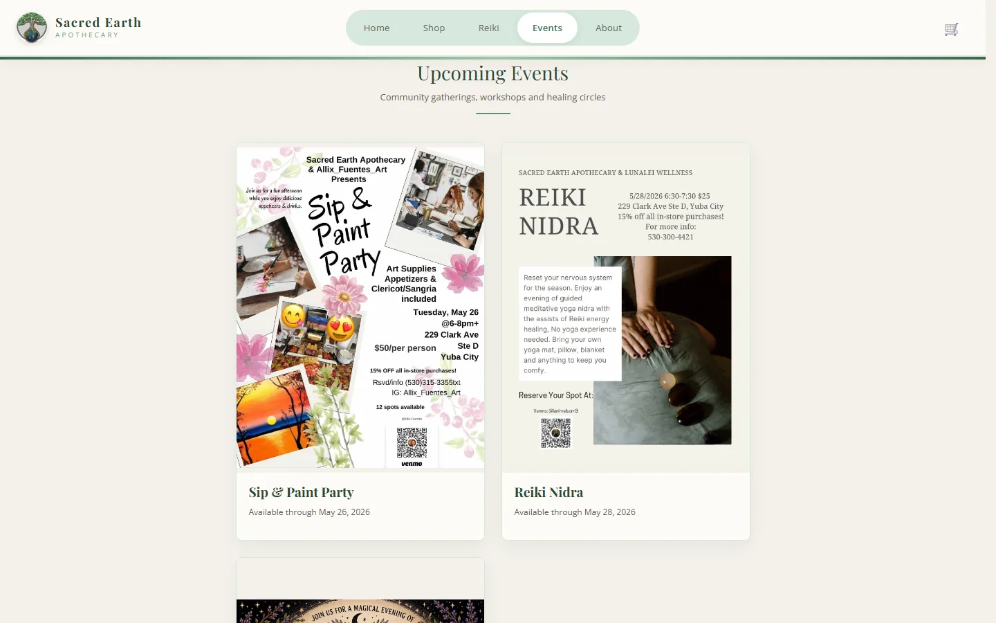 Sacred Earth Apothecary events page showing upcoming workshops and healing events.